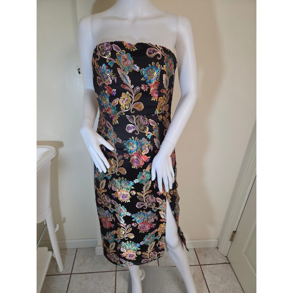 Olia Dresses & Skirts - Olia Womens Strapless Metallic Floral Brocade Midi Dress Black Multi Size S